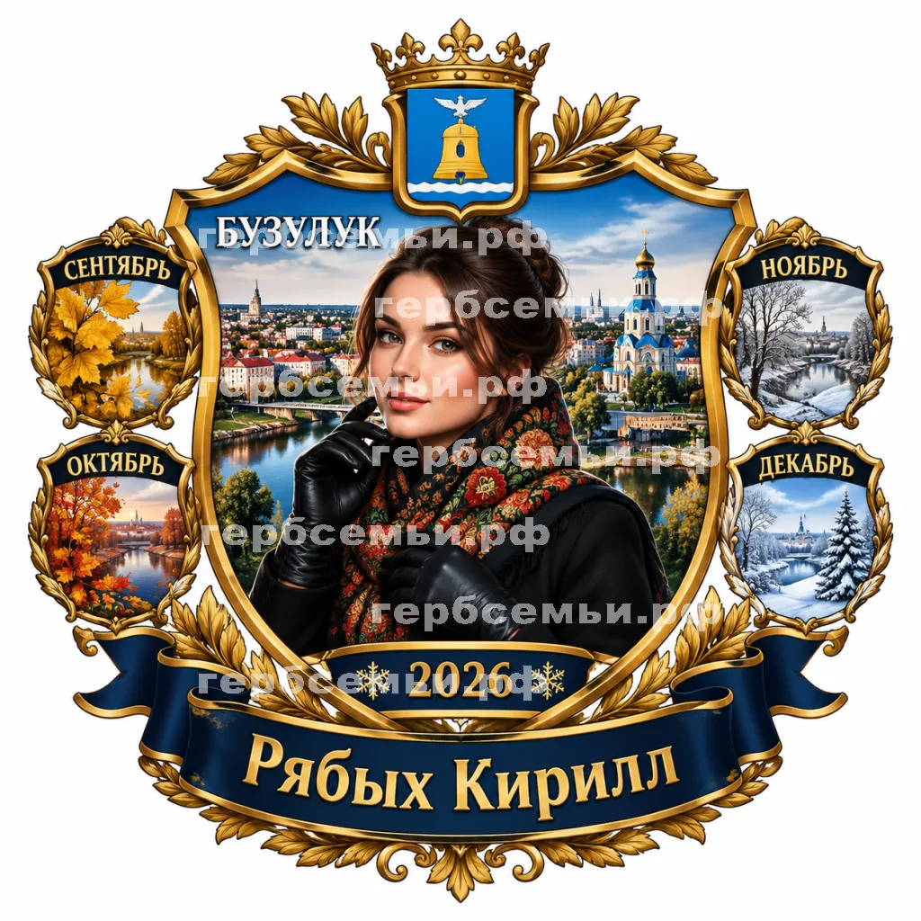Герб семьи Создать герб на фоне города Бузулука и девушки бузулучанки сентябрь, октябрь, ноябрь и декабрь 2026 год в черных кожаных перчатках #42430