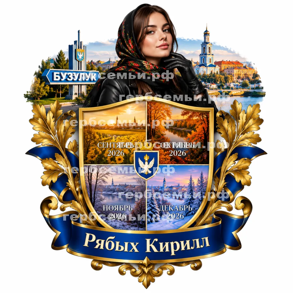 Герб семьи Создать герб на фоне города Бузулука и девушки бузулучанки сентябрь, октябрь, ноябрь и декабрь 2026 год в черных кожаных перчатках #42432