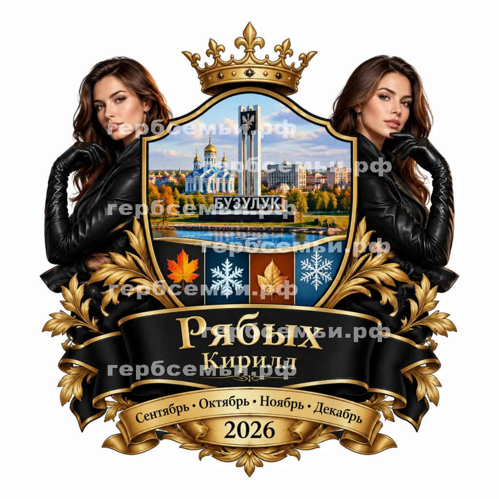 Герб семьи Создать герб на фоне города Бузулука и девушки бузулучанки сентябрь, октябрь, ноябрь и декабрь 2026 год в черных кожаных перчатках #42433