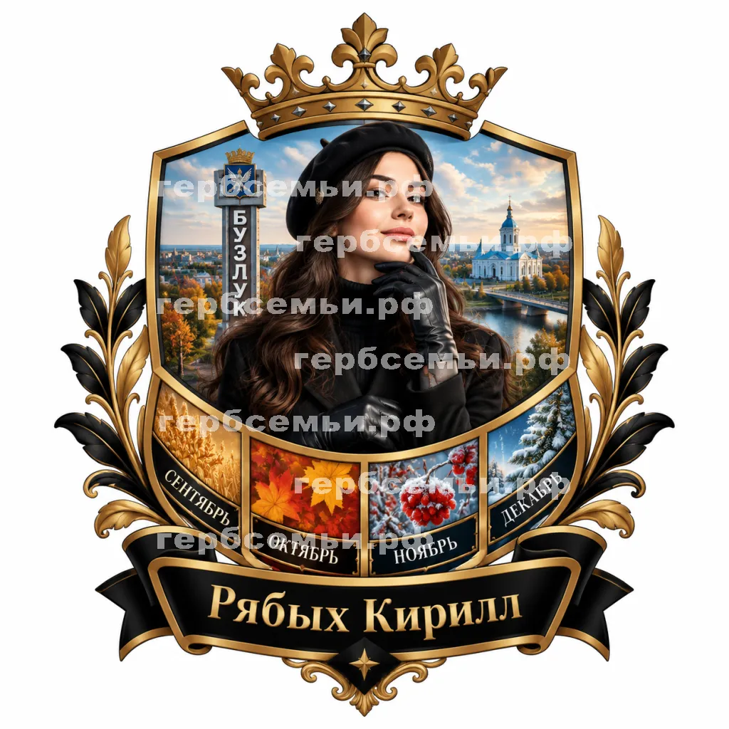 Герб семьи Создать герб на фоне города Бузулука и девушки бузулучанки сентябрь, октябрь, ноябрь и декабрь 2026 год в черных кожаных перчатках #42434