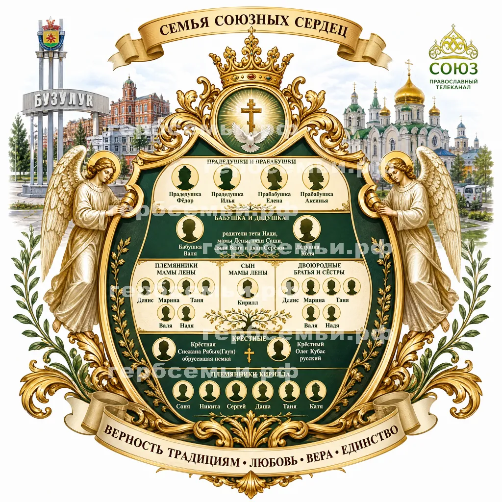 Герб семьи Создать герб семьи на фоне города Бузулука и православного телеканала Союз #42491