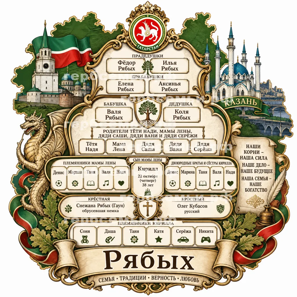 Герб семьи Создать герб семьи Рябых на фоне Татарстана и города Казани #42499