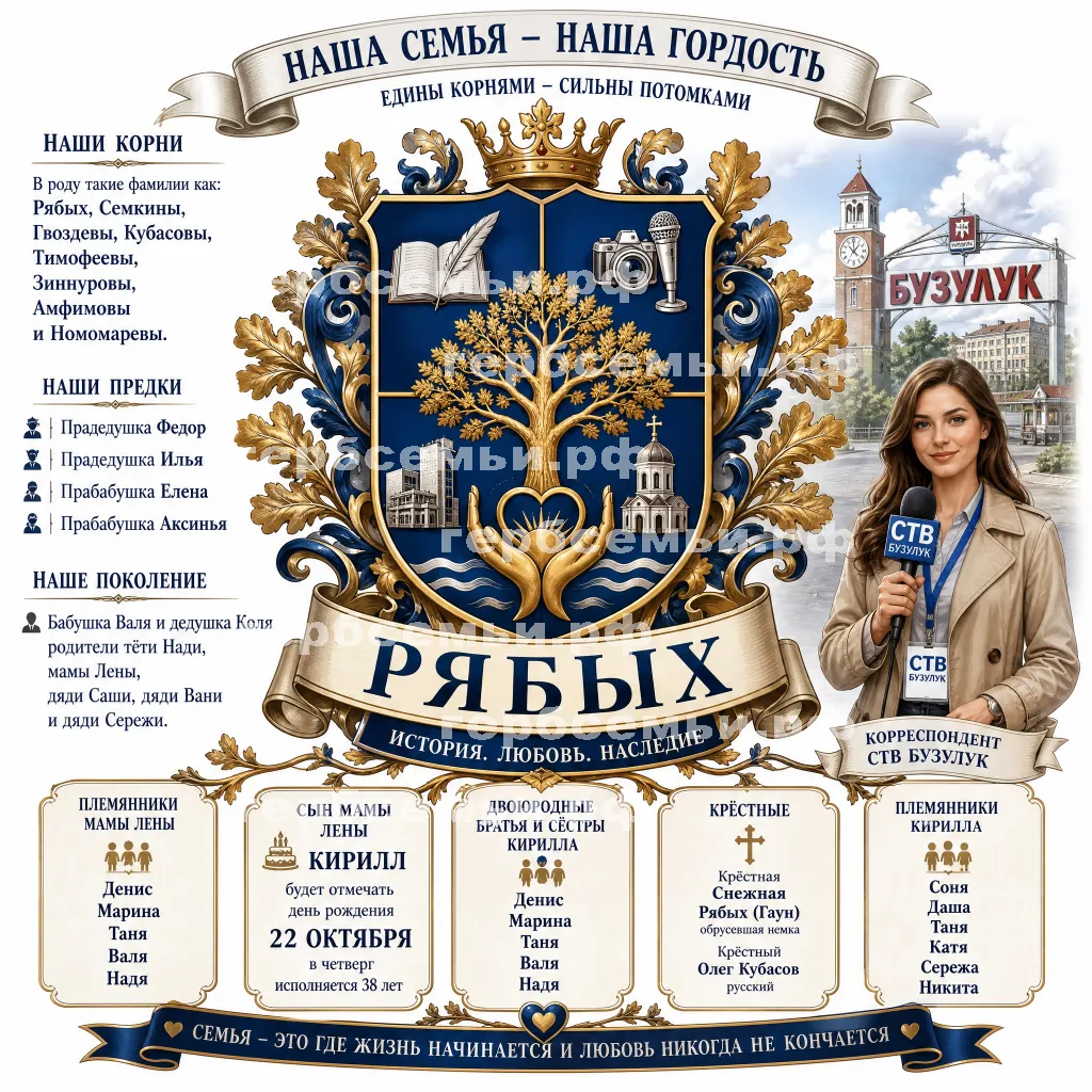 Герб семьи Создать герб семьи на фоне города Бузулука и девушки корреспондента СТВ Бузулук #42514