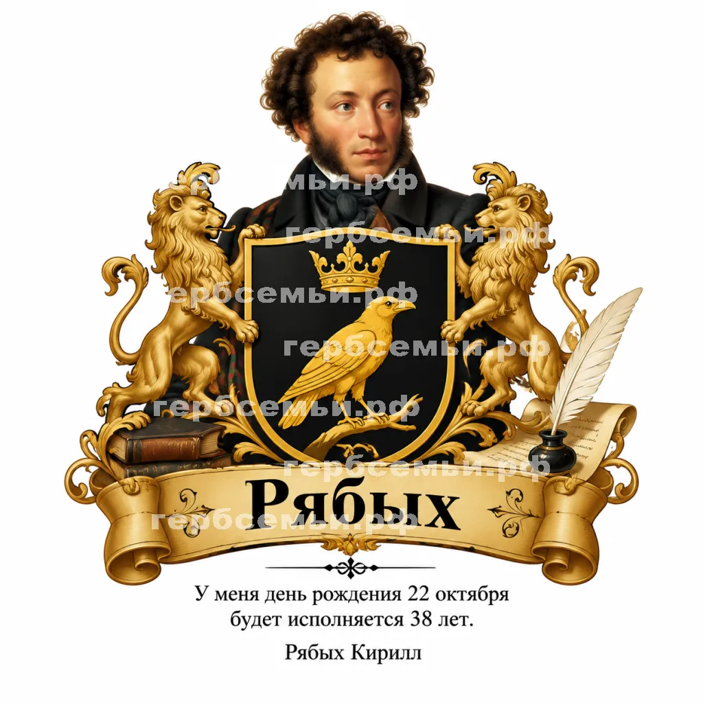 Герб семьи Фамилия Рябых на фоне Александра Сергеевича Пушкина #42556