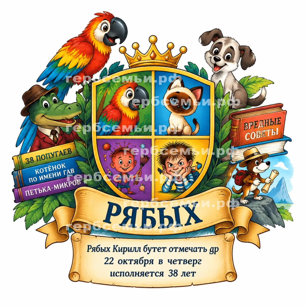 Герб семьи Создать герб на фоне сказок Григория Остера 38 попугаев, котёнок по имени гав, петька-микроб, вредные советы и приключения Пифа #42564