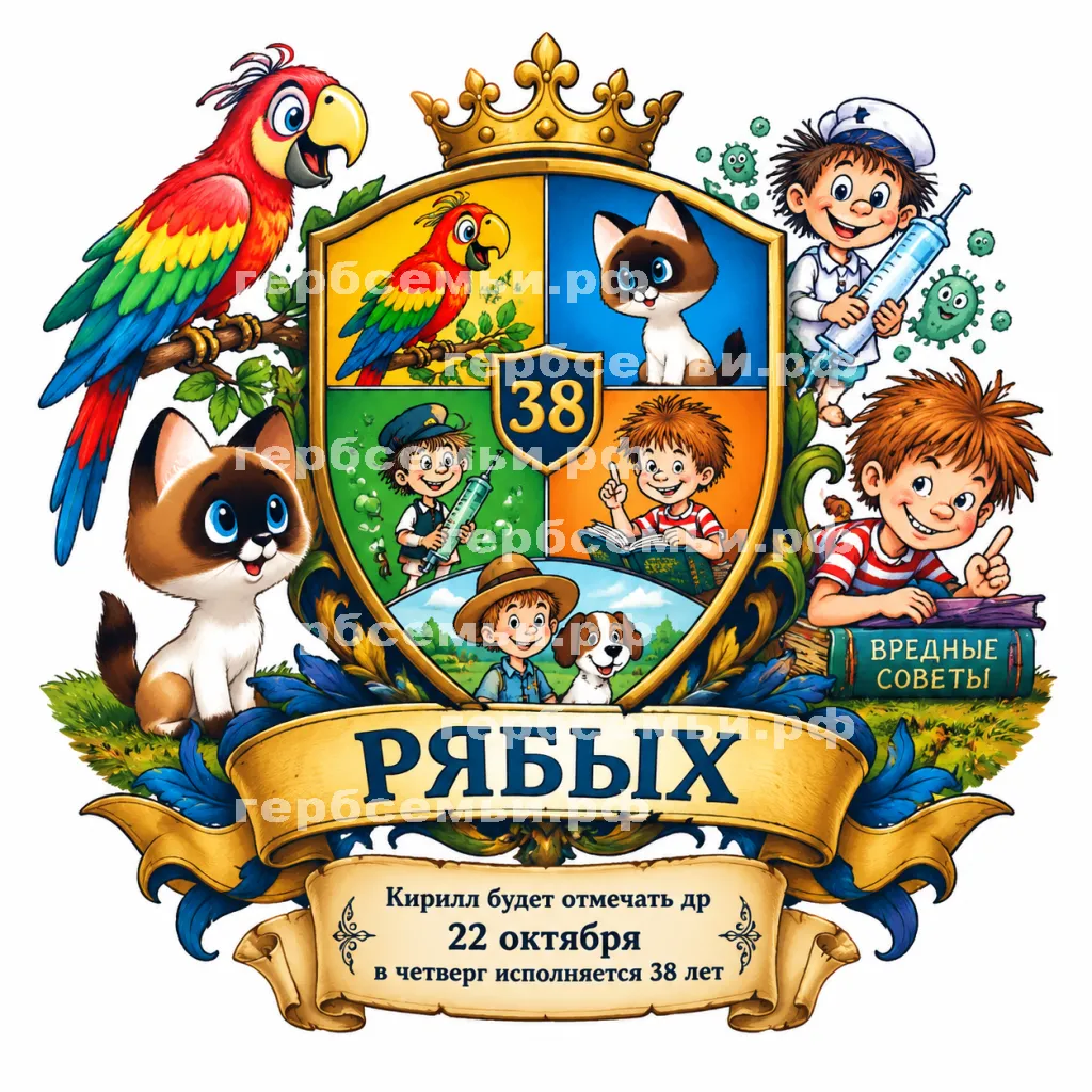 Герб семьи Создать герб на фоне сказок Григория Остера 38 попугаев, котёнок по имени гав, петька-микроб, вредные советы и приключения Пифа #42565