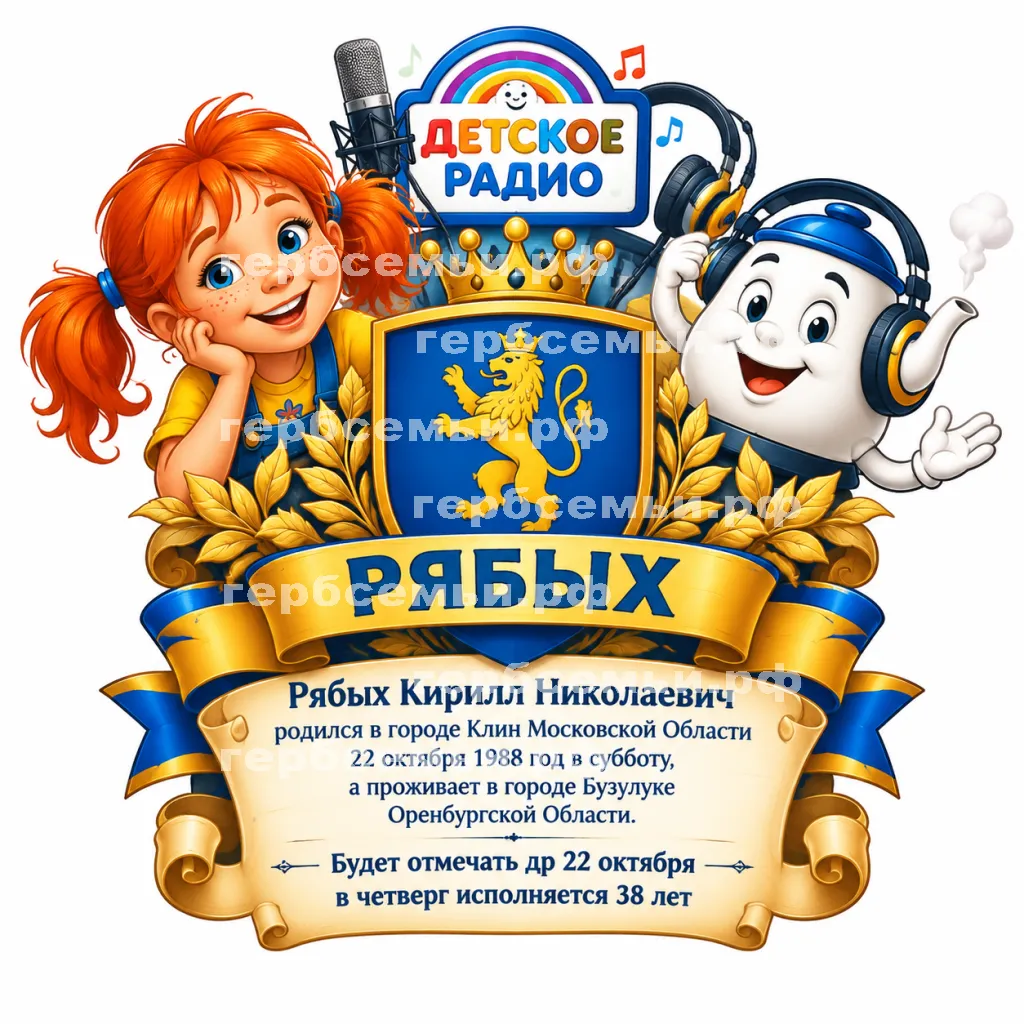Герб семьи Создать герб на фоне детского радио и ведущих рыжой девочки Веснушки и говорящим чайником Кипятоши #42580