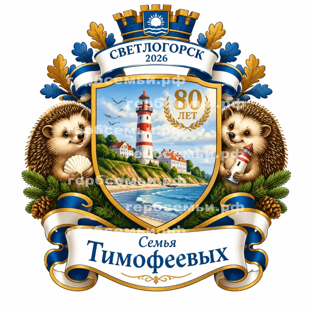 Герб семьи Создать герб на фоне Светлогорска 2026 Калининской Области 80 лет и Светлоёжики #42616