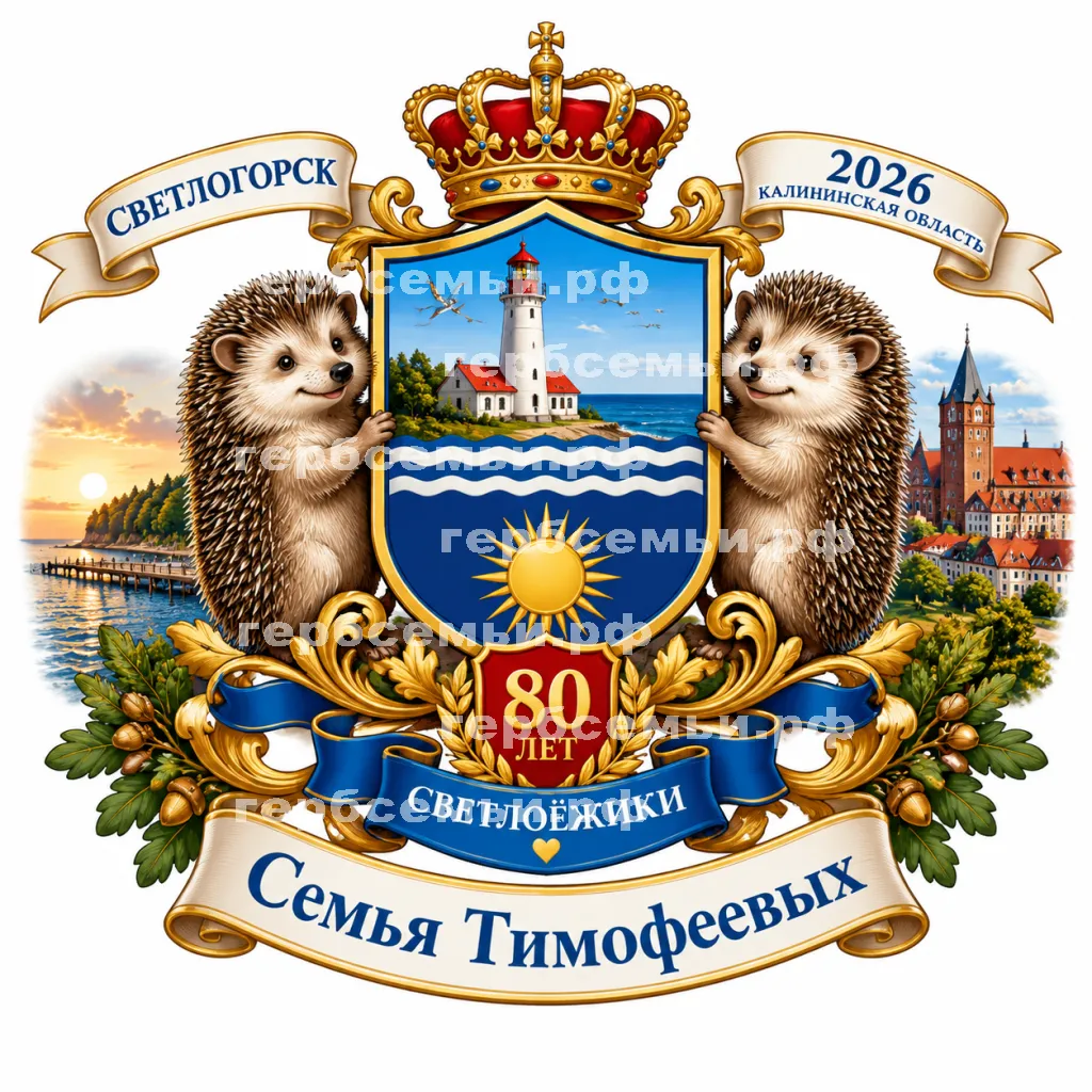 Герб семьи Создать герб на фоне Светлогорска 2026 Калининской Области 80 лет и Светлоёжики #42622