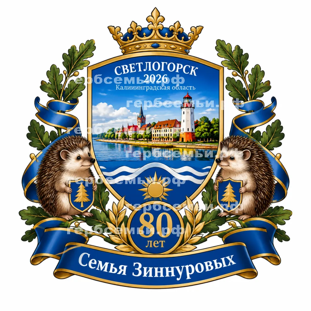Герб семьи Создать герб на фоне Светлогорска 2026 Калининской Области 80 лет и Светлоёжики #42623