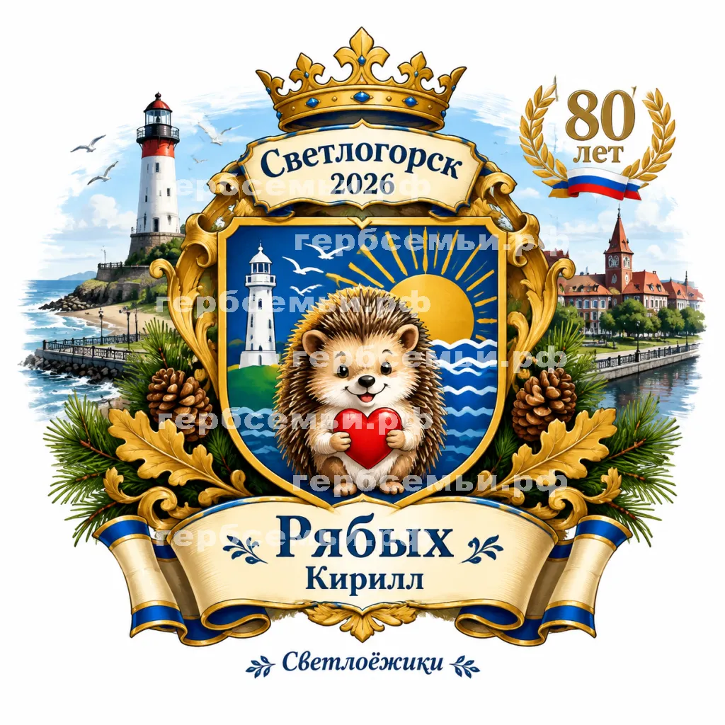 Герб семьи Создать герб на фоне Светлогорска 2026 Калининской Области 80 лет и Светлоёжики #42685