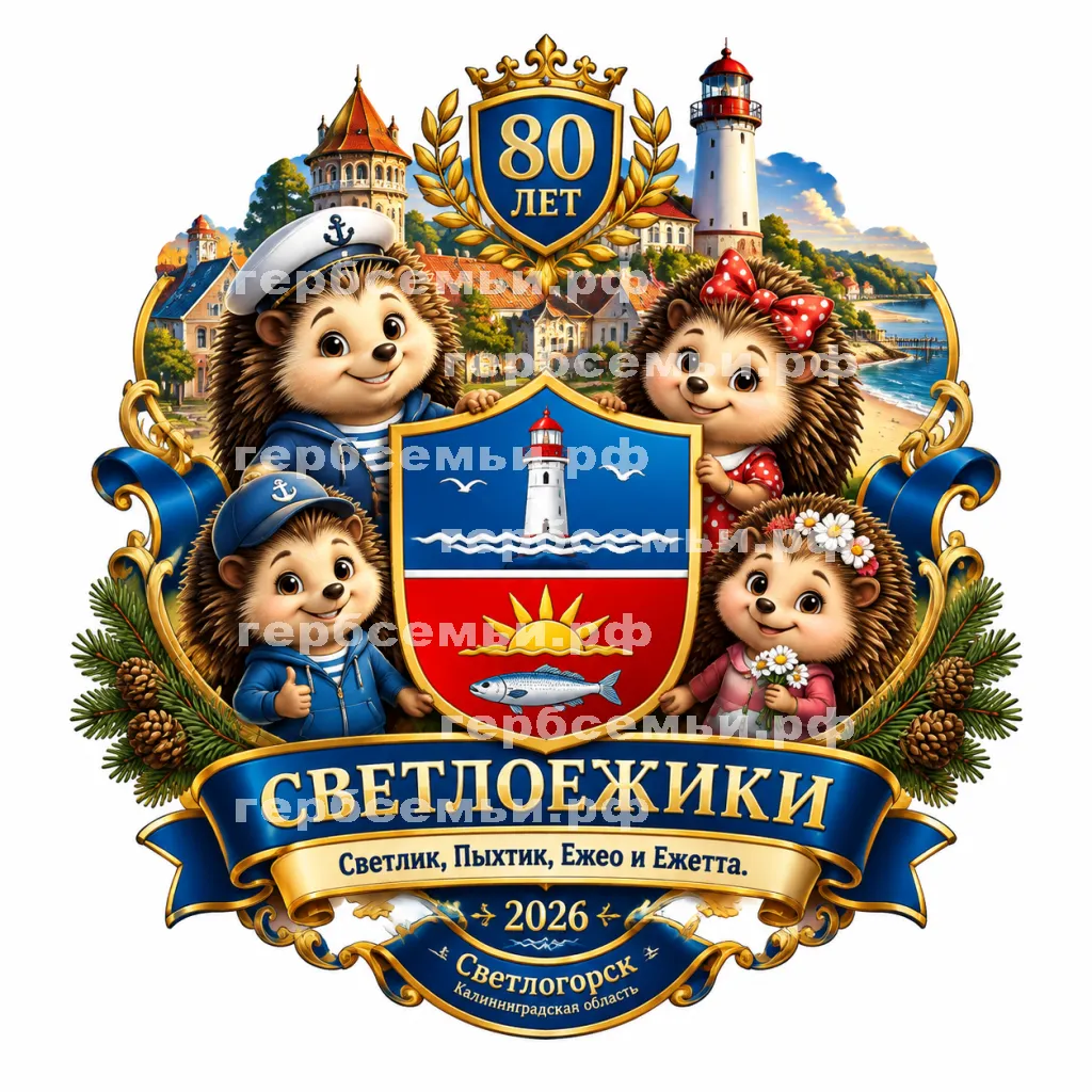Герб семьи Создать герб на фоне Светлогорска 2026 Калининградской Области 80 лет и Светлоёжики персонажи #42644