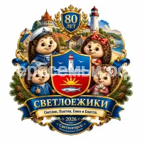 Герб семьи Создать герб на фоне Светлогорска 2026 Калининградской Области 80 лет и Светлоёжики персонажи
