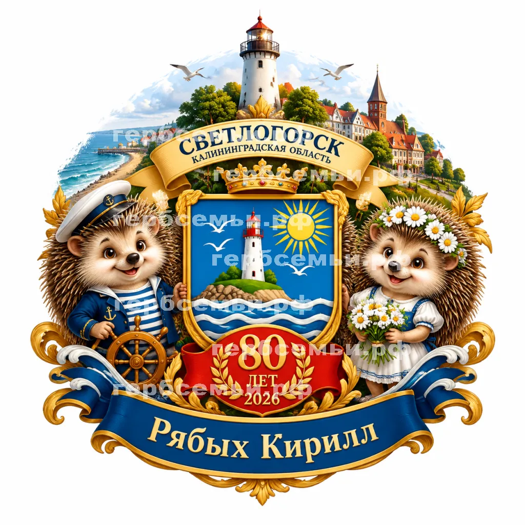 Герб семьи Создать герб на фоне Светлогорска 2026 Калининградской Области 80 лет и Светлоёжики персонажи #42645