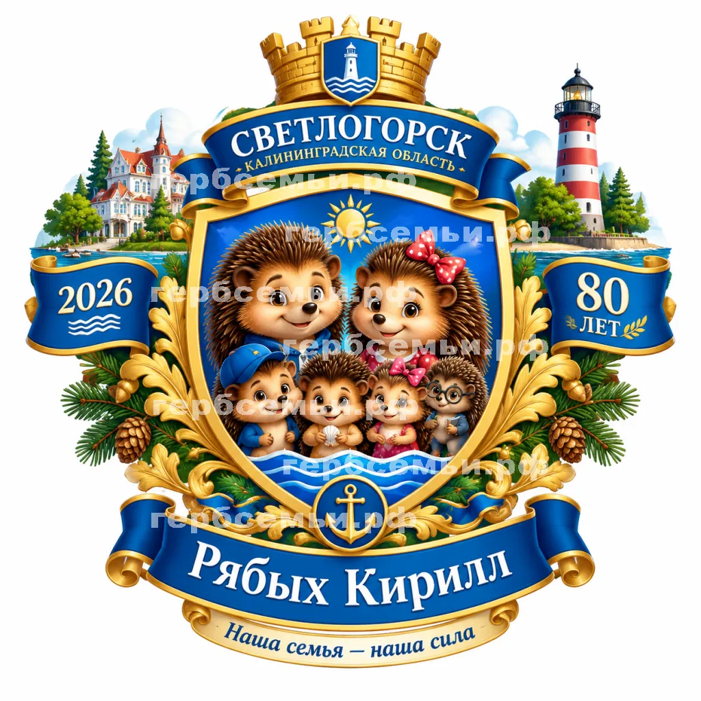Герб семьи Создать герб на фоне Светлогорска 2026 Калининградской Области 80 лет и Светлоёжики персонажи Светлик, Пыхтик, Ежео и Ежетта и. т.д #42646