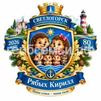 Гербы семьи Создать герб на фоне Светлогорска 2026 Калининградской Области 80 лет и Светлоёжики персонажи Светлик, Пыхтик, Ежео и Ежетта и. т.д