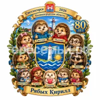 Гербы семьи Создать герб на фоне Светлогорска 2026 Калининградской Области 80 лет и Светлоёжики персонажи Светлик, Пыхтик, Ежео и Ежетта, Звёздочка и Фотя,  Шустик, Элвис, Акварелька, Глаша, Сахарок и Пушок и Малинка