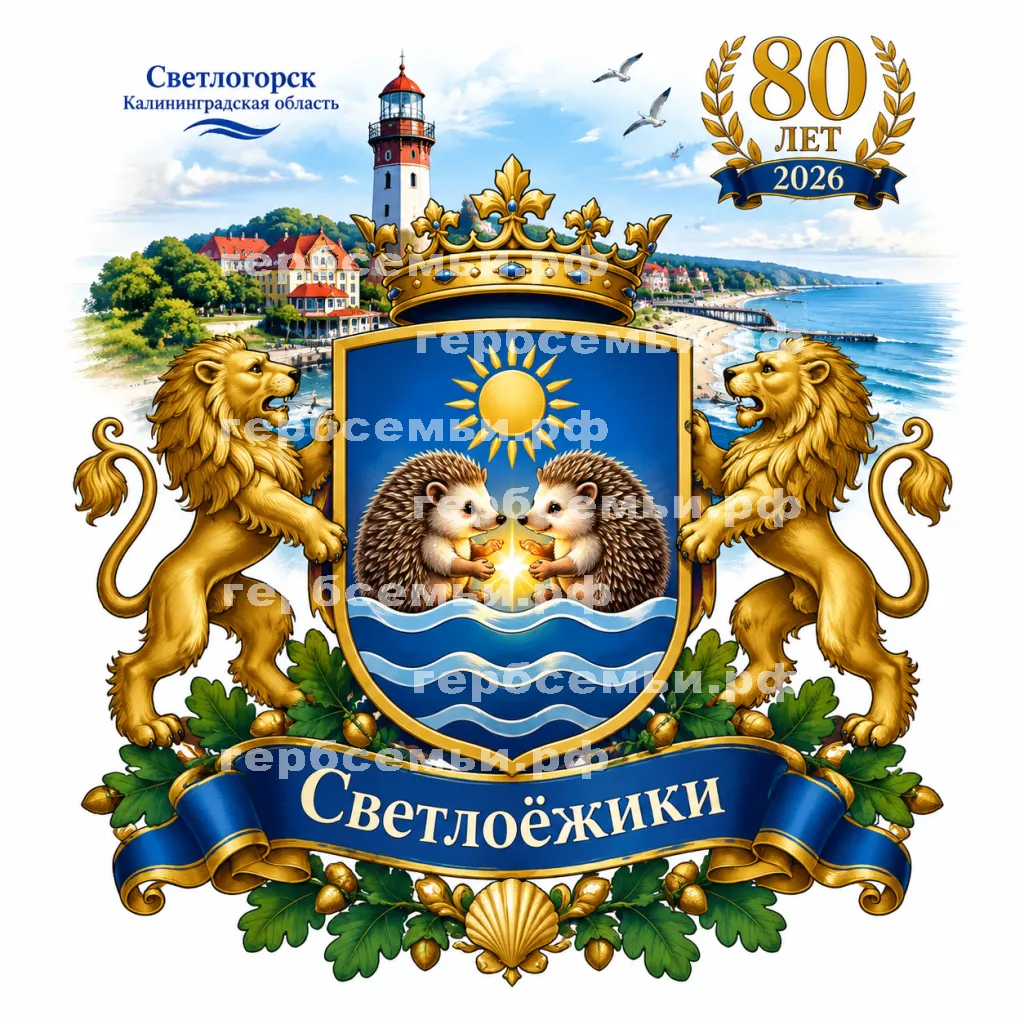 Герб семьи Создать герб на фоне Светлогорска 2026 Калининградской Области 80 лет и Светлоёжики #42697