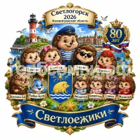 Гербы семьи Создать герб на фоне Светлогорска 2026 Калининградской Области 80 лет и Светлоёжики Пыхтик, Светик, Элвис, Шустик, Ежео и Ежетта, Дедушка Еж и рыбка Буль, Звёздочка, Акварелька, Глаша и Малинка