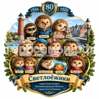Гербы семьи Создать герб на фоне Светлогорска 2026 Калининградской Области 80 лет и Светлоёжики 1.Пыхтих, 2. Звёздочка( Звёздочка, а её лучший друг, мышонок Фотя), 3. Элвис, 4.Акварелька, 5. Шустик, 6. Глаша, 7. Светлик, 8 и 9. Ежео и Ежетта, 10. Дедушка Ёж и рыбка Буль и 11. Малинка