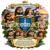Гербы семьи Создать герб на фоне Светлогорска 2026 Калининградской Области 80 лет и Светлоёжики 1.Пыхтих, 2. Звёздочка, 3. Элвис, 4.Акварелька, 5. Шустик, 6. Глаша, 7. Светлик, 8 и 9. Ежео и Ежетта, 10. Дедушка Ёж и рыбка Буль и 11. Малинка