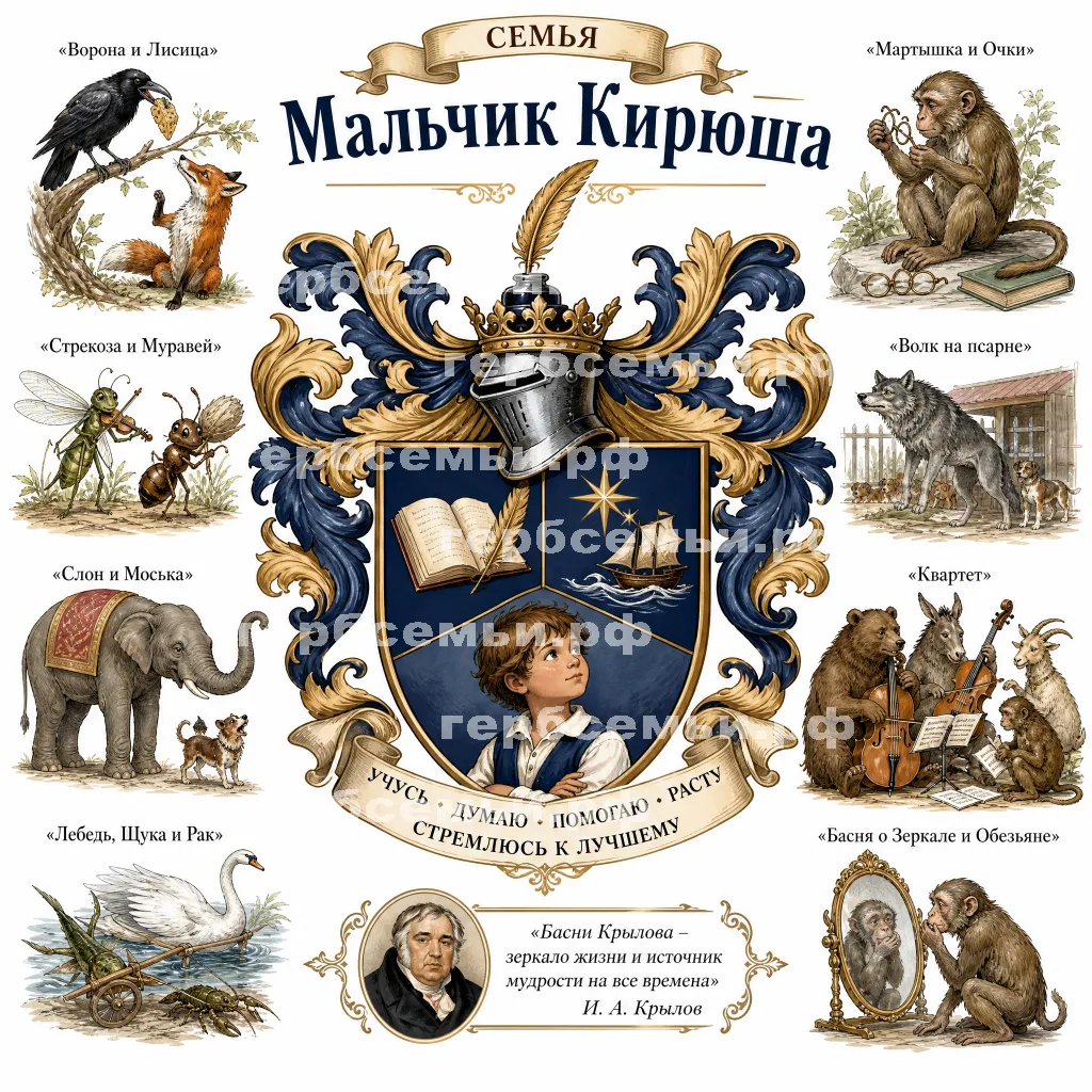 Герб семьи Создать герб на фоне басен Ивана Андреевича Крылова и их названия #42815