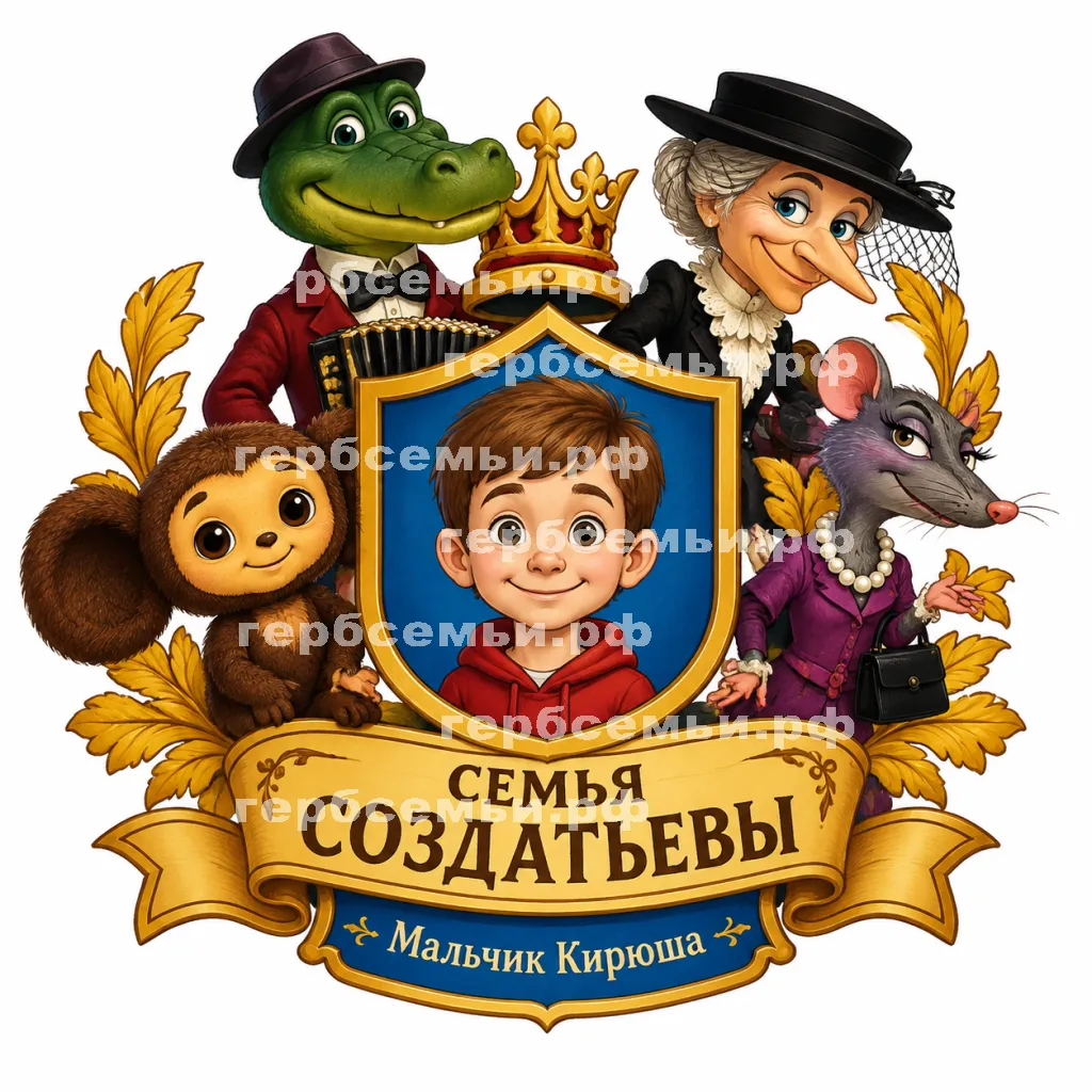 Герб семьи Создать герб на фоне Чебурашки, Крокодила Гены, старушки Шапокляк и крысы Ларисы Эдуарда Успенского #42826