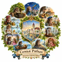 Гербы семьи Создать герб на фоне город светлоёжиков 1.Пыхтих ёжик читает умные книги недалеко от древних лип. По легенде, он нашёл чемоданчик прусского математика Давида Гилберта. 2. 3вёздочка романтичная ежиха наблюдает за звёздами в телескоп, а её лучший друг Мышонок Фотя, не расстётся с фотоаппаратом. 3. Элвис ёжик-музыкант пишет романтические песни, вдохновляясь закатами Светлогорска. 4.Акварелька светлоёжик увлекается рисованием и мечтает попасть на выставку, получить признание. 5.Шустик ёжик в ушанке живёт в ботинке рядом с верёвочным мостом. 6. Глаша девочка с гусеничной на колючках грустит из-за потерянной игрушки. 6. Светлик самого романтичного ёжика можно встретить на большом валуне около лодочной станции носит на голове шапочку-кораблик. Колючий почтальон-капитан бесстрашно развозит письма на самодельном судёнышке, путешествует по озеру с подругой-улиткой Улей. 8 и 9. Ежео и Ежетта рыцарь с дамой сердца поселились на другом конце озера рядом с большой кованой аркой для влюблённых. 10. Дедушка Ёж и рыбка Буль дедушка с удочкой спит на берегу неслучайно: он отрожает дух Светлогорсска-неспешного города. Пойманная рыбка Буль, правающая в латунном ведре, символизирует удачу и то, чего человек способен достичь. А ещё рыбак из латуни учит детей ценить дедушек и бабушек 11. Малинка неугомонный репортёр в чудной шляпке из ягод держит в банках потёртый блокнотик, куда записывает местные новости