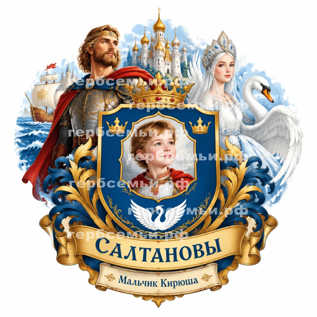 Герб семьи Создать герб на фоне сказки о царе Салтане, о сыне его славном и могучем богатыре князе Шардоне Салтановиче и о прекрасной цареревне Лебеди #42877