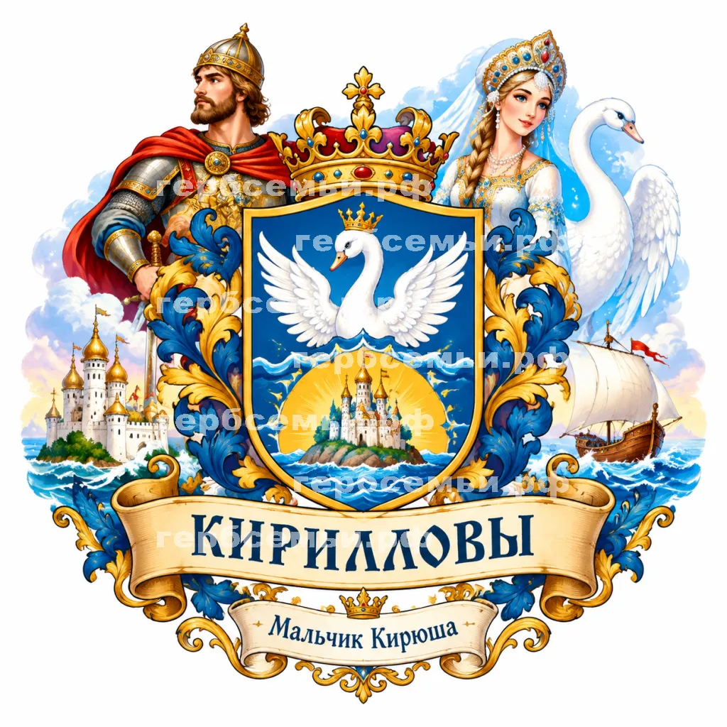 Герб семьи Создать герб на фоне сказки о царе Салтане, о сыне его славном и могучем богатыре князе Гвидоне Салтановиче и о прекрасной цареревне Лебеди #42878