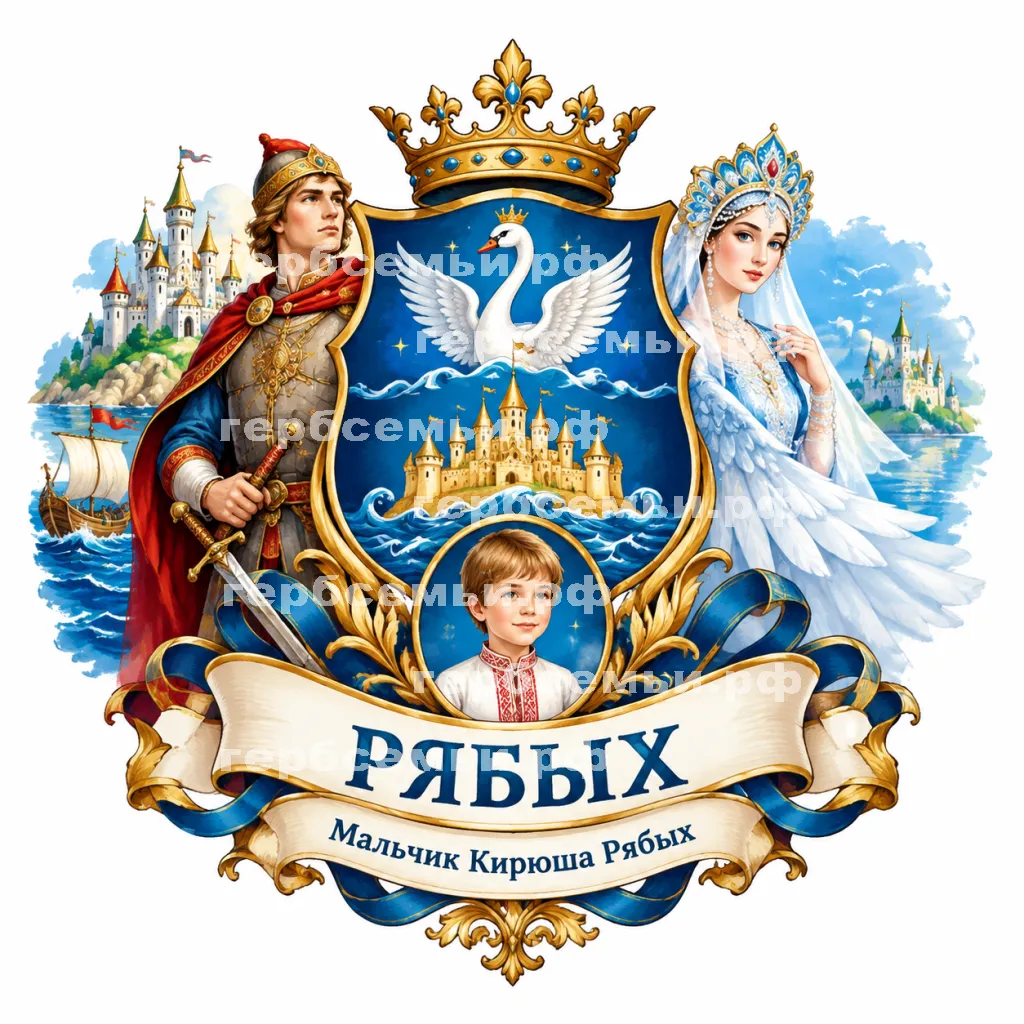 Герб семьи Создать герб на фоне сказки о царе Салтане, о сыне его славном и могучем богатыре князе Гвидоне Салтановиче и о прекрасной цареревне Лебеди #42879