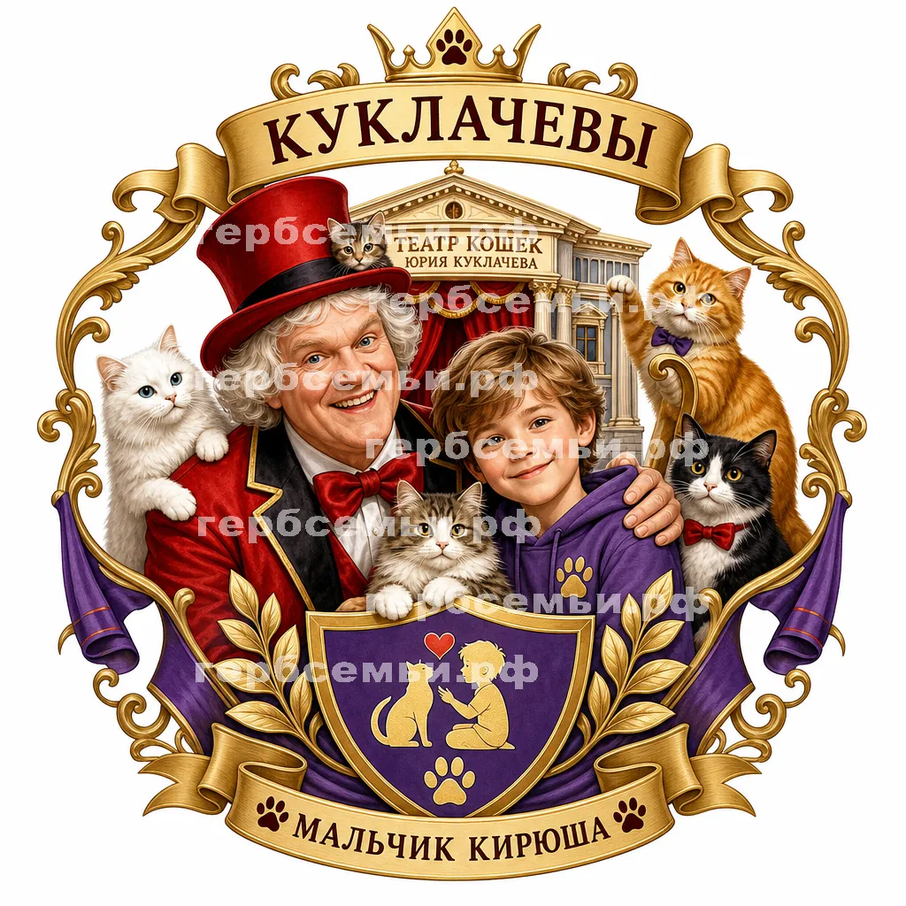 Герб семьи Создать герб на фоне Юрия Дмитриевича Куклачева и театра кошек и мальчика Кирюши который любит кошек #42895