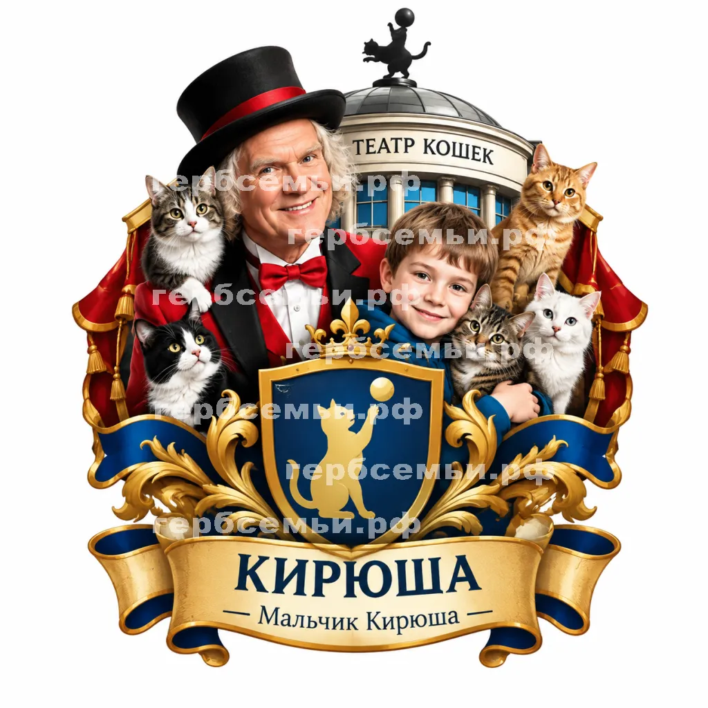 Герб семьи Создать герб на фоне Юрия Дмитриевича Куклачева и театра кошек и мальчика Кирюши который любит кошек #42896