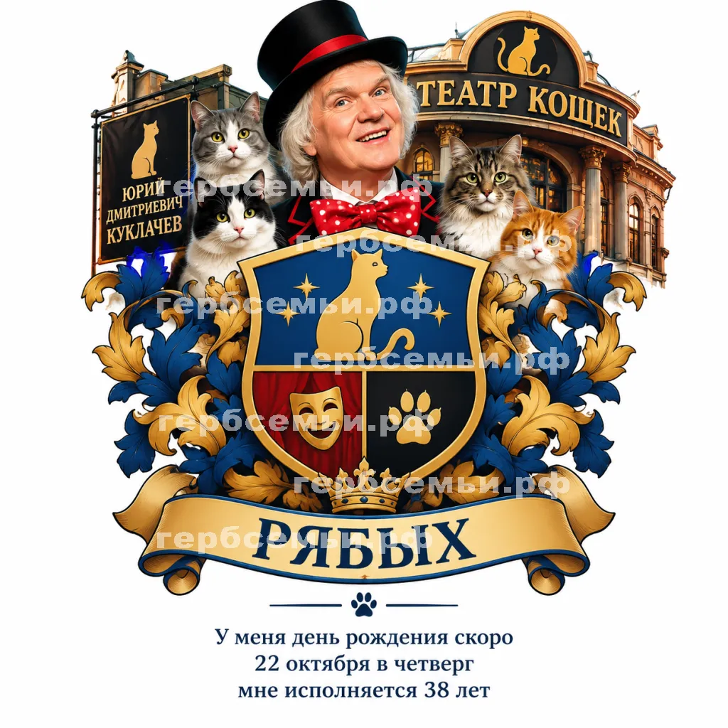 Герб семьи Рябых на фоне Юрия Дмитриевича Куклачева и театра кошек #42900