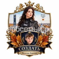 Гербы семьи Создать на фоне города Бузулука осень 2026 октябрь девушка корреспондент в чёрных кожаных перчатках