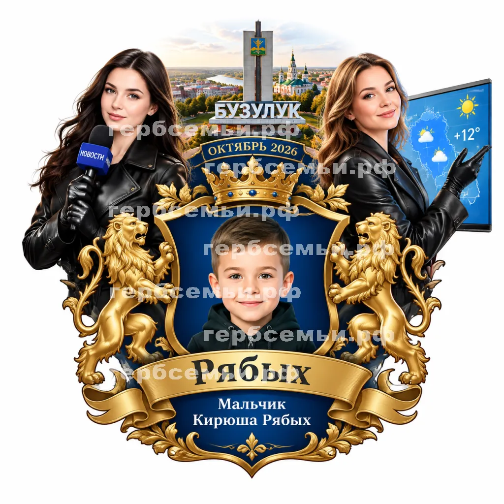 Герб семьи Создать герб на фоне города Бузулука октябрь 2026 год и девушек корреспондента и ведущей прогроноза погоды в чёрных кожаных перчатках #42985