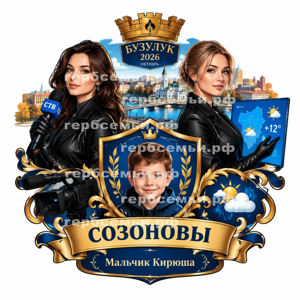 Герб семьи Создать герб на фоне города Бузулука 2026 год октябрь девушек корреспондента СТВ и ведущей прогноза погоды в черных кожаных перчатках #42991