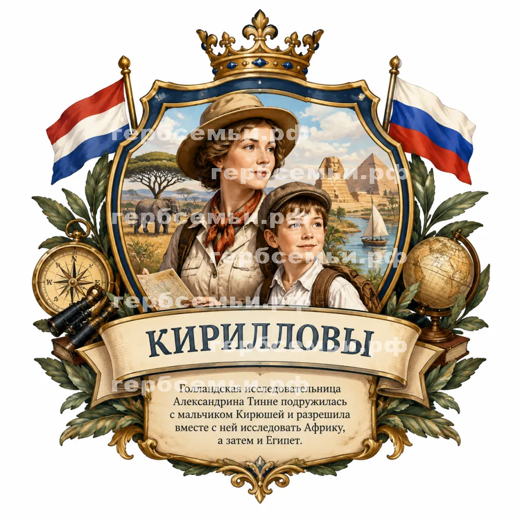 Герб семьи Создать герб на фоне знаменитой голландской исследовательницы Африки Адександрины Тинне и её друг из России мальчик Кирюша #43042