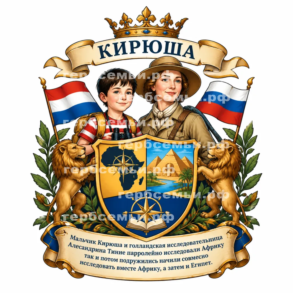 Герб семьи Создать герб на фоне знаменитой голландской исследовательницы Африки Адександрины Тинне и её друг из России мальчик Кирюша #43043