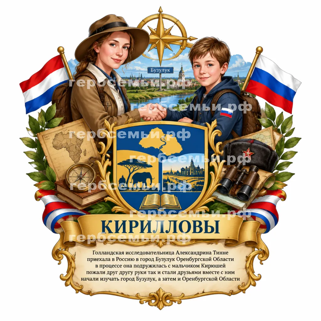 Герб семьи Создать герб на фоне знаменитой голландской исследовательницы Африки Адександрины Тинне и её друг из России мальчик Кирюша #43045
