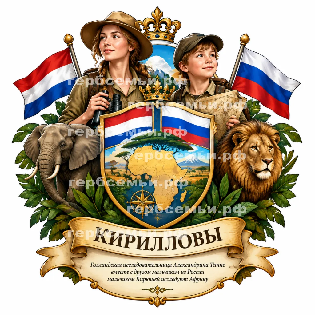 Герб семьи Создать герб на фоне знаменитой голландской исследовательницы Африки Адександрины Тинне и её друг из России мальчик Кирюша #43046