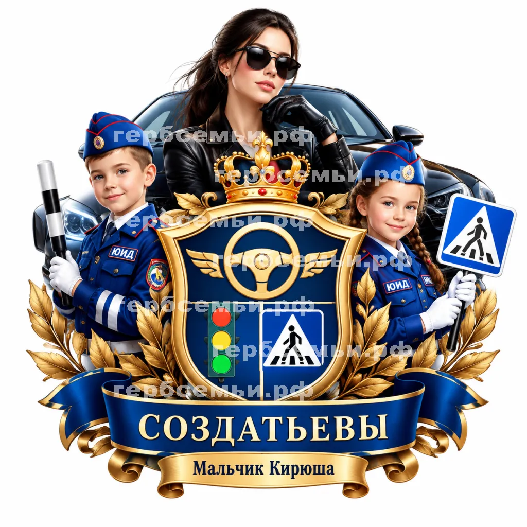 Герб семьи Создать герб на фоне девушки автоледи в черных кожаных перчатках и юные инспекторы движения #43071