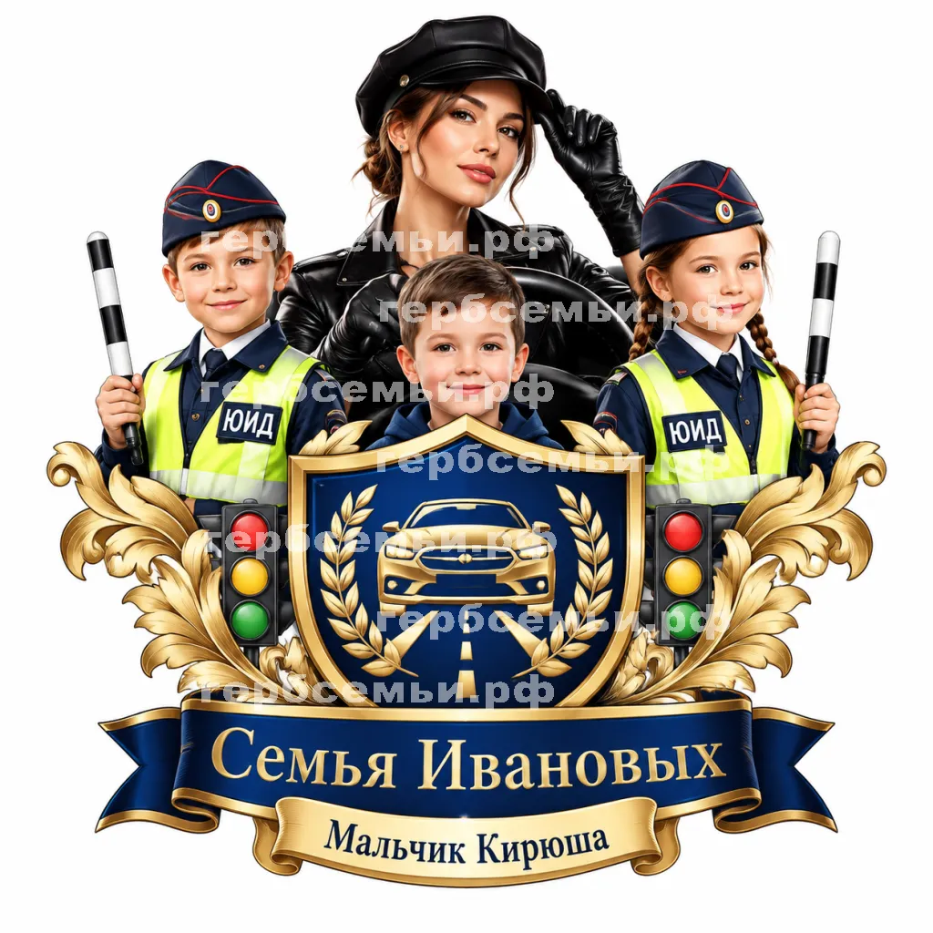 Герб семьи Создать герб на фоне девушки автоледи в черных кожаных перчатках и юные инспекторы движения #43072