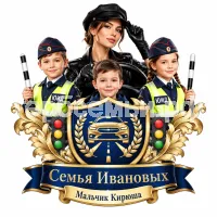 Герб семьи Создать герб на фоне девушки автоледи в черных кожаных перчатках и юные инспекторы движения
