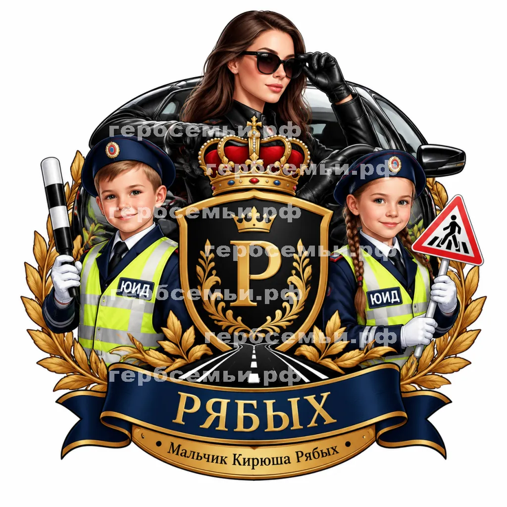 Герб семьи Создать герб на фоне девушки автоледи в черных кожаных перчатках и юные инспекторы движения #43074