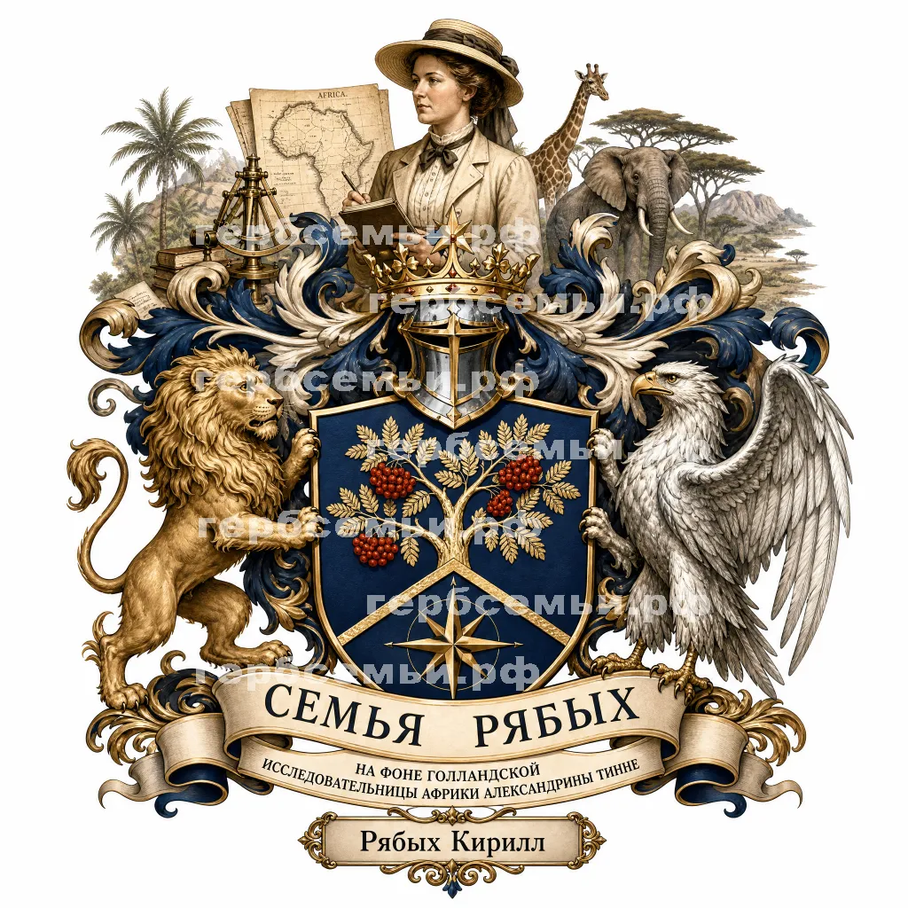 Герб семьи Семья Рябых на фоне голландской исследовательницы Африки Александрины Тинне #43097