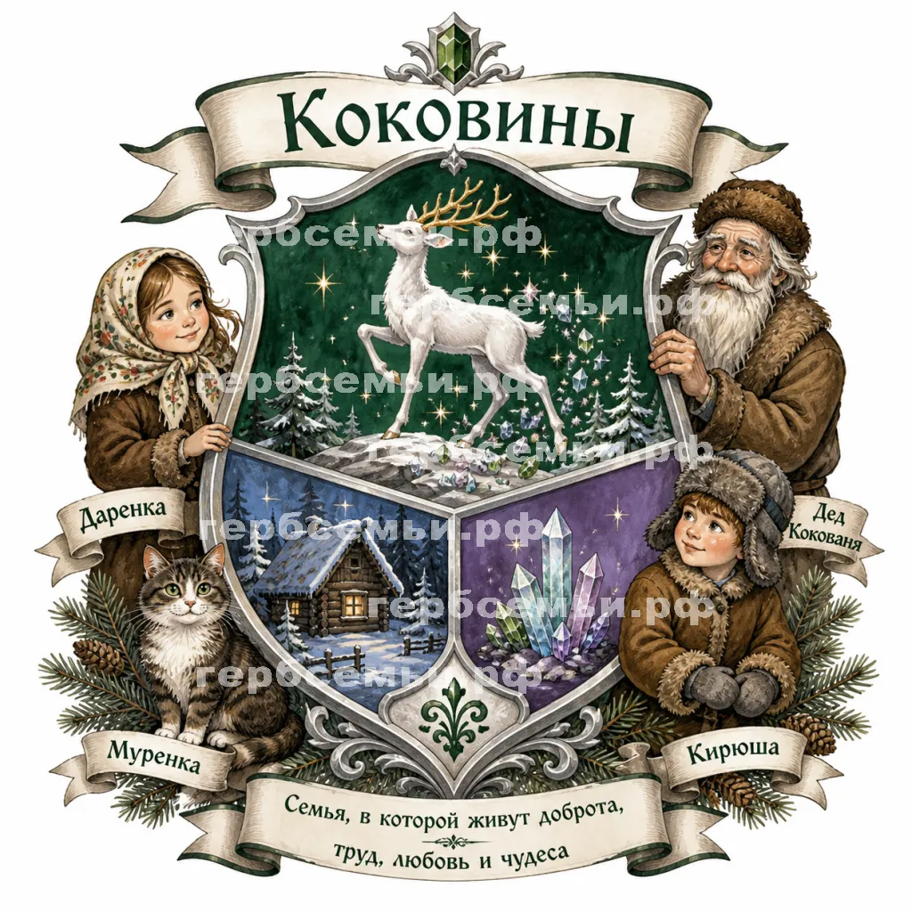 Герб семьи Создать герб на фоне сказа Павла Петровича Бажова Серебряное Копытце девочка Даренка, дед Кокования и кошка Муренка #43161