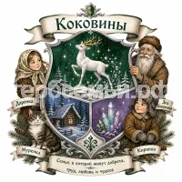 Герб семьи Создать герб на фоне сказа Павла Петровича Бажова Серебряное Копытце девочка Даренка, дед Кокования и кошка Муренка