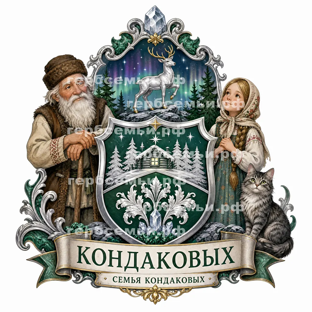 Герб семьи Создать герб на фоне сказа Павла Петровича Бажова Серебряное Копытце девочка Даренка, дед Кокования и кошка Муренка #43169