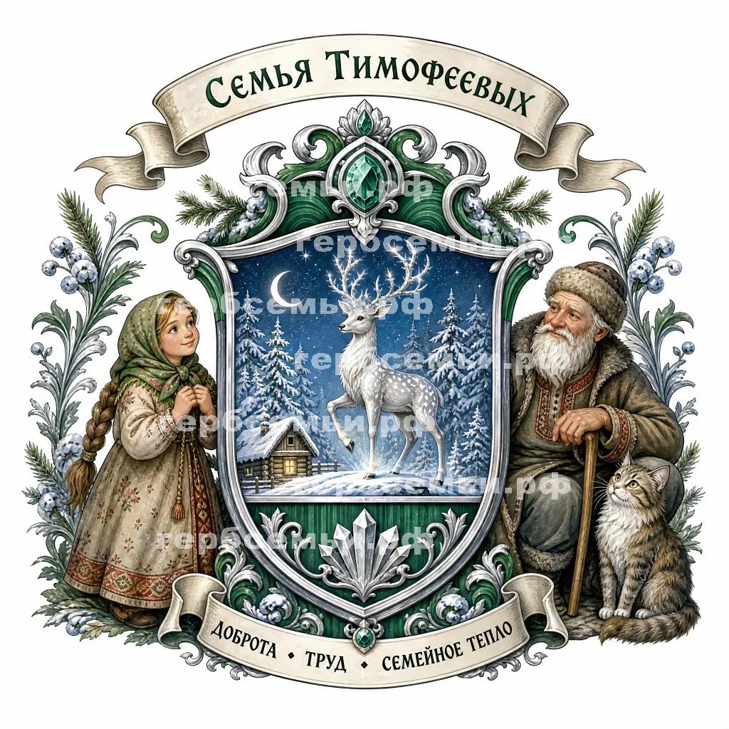 Герб семьи Создать герб на фоне сказа Павла Петровича Бажова Серебряное Копытце девочка Даренка, дед Кокования и кошка Муренка #43170